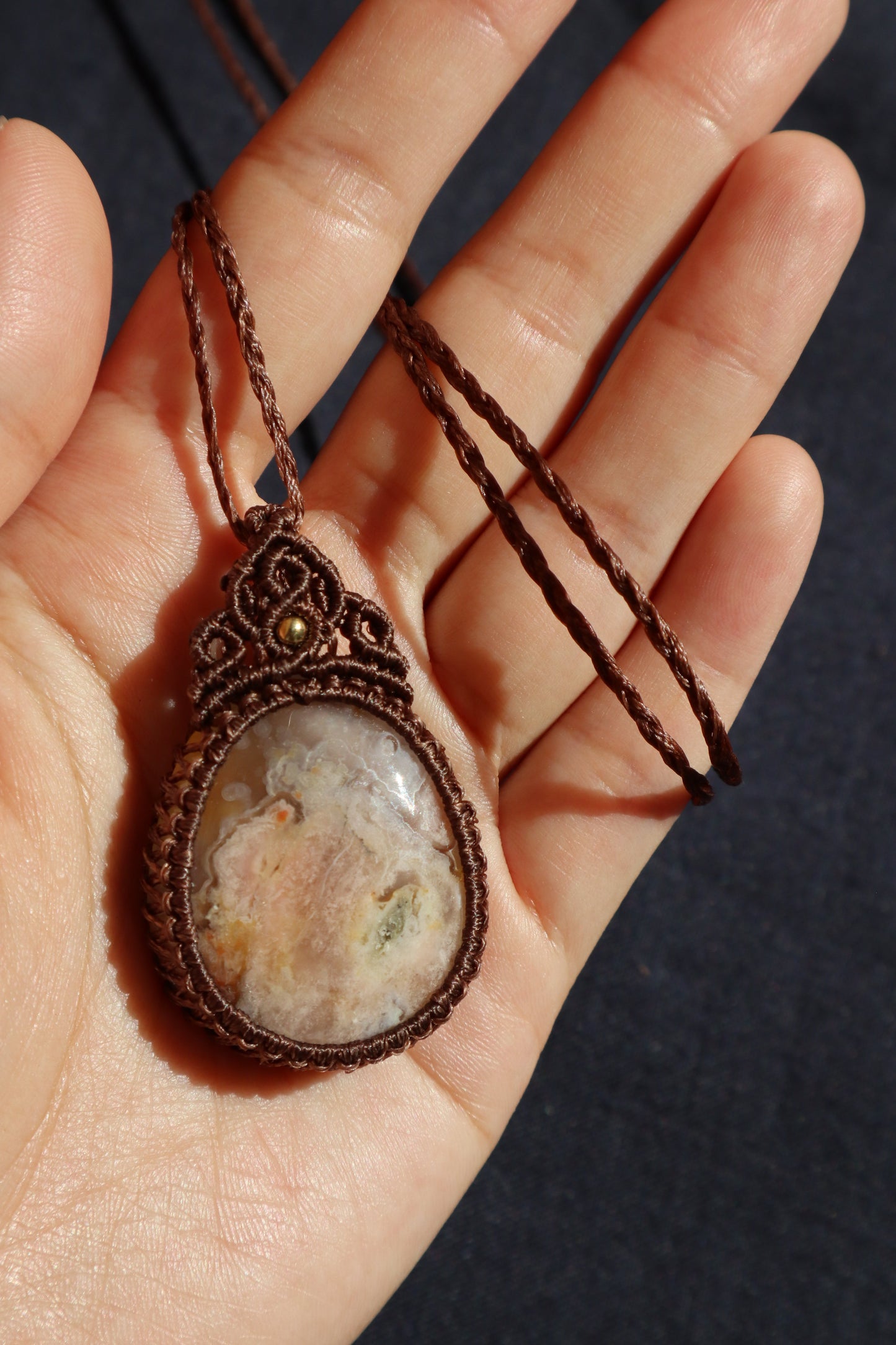 Handcrafted Macrame Necklace - Cherry Blossom Agate (Brown Thread)