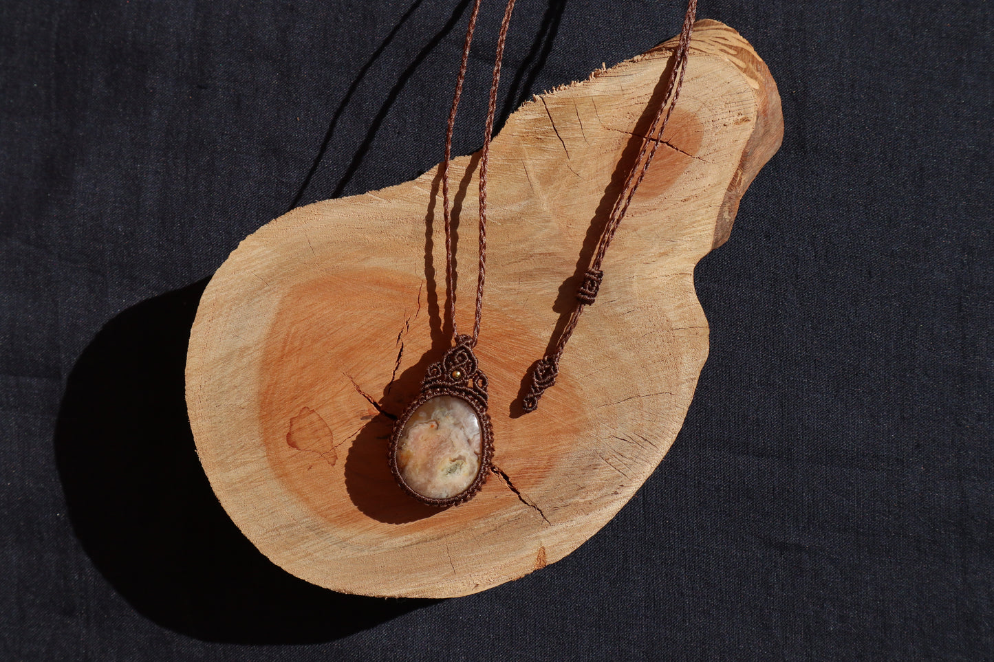 Handcrafted Macrame Necklace - Cherry Blossom Agate (Brown Thread)