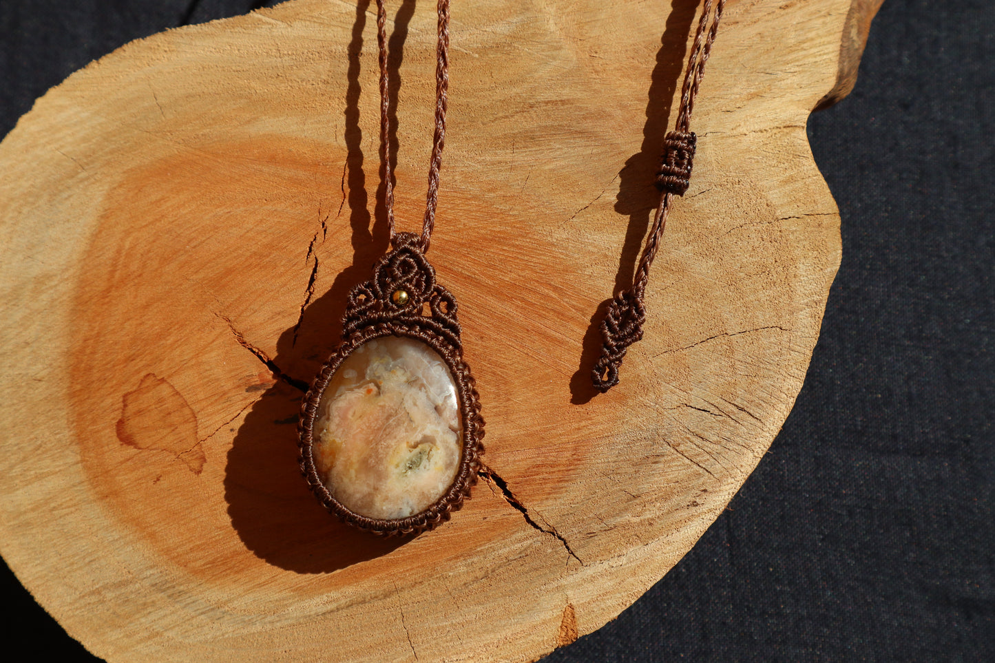 Handcrafted Macrame Necklace - Cherry Blossom Agate (Brown Thread)